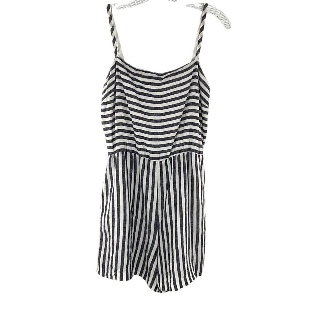 C&C California Romper Women 10 Striped 100% Linen‎ Spaghetti Straps Summer Beach